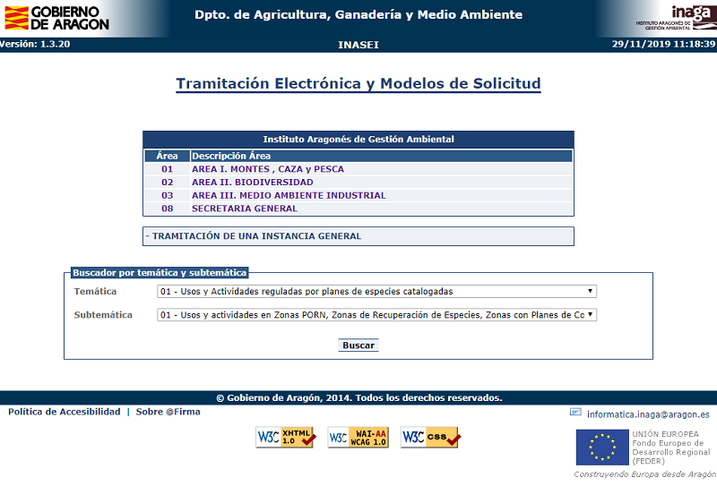 Página principal de la aplicación INASEI de INAGA. Tramitación electrónica y modelos de solicitud.