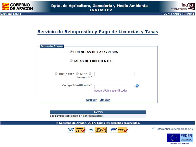 Página inicial de la aplicación INATASTPV de INAGA. Servicio de reimpresión y pago de licencias y tasas.