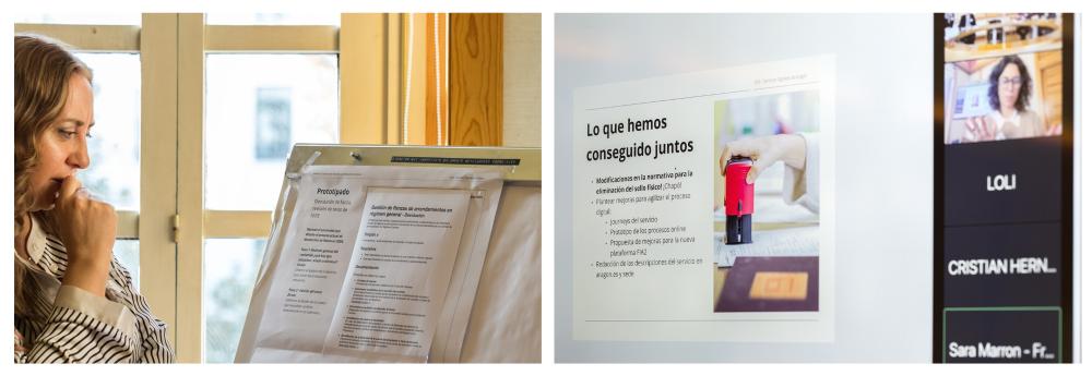 A la izquiera una mujer mira varios documentos expuestos en una pizarra; a la derecha se ve un pantallazo de una presentación en zoom.