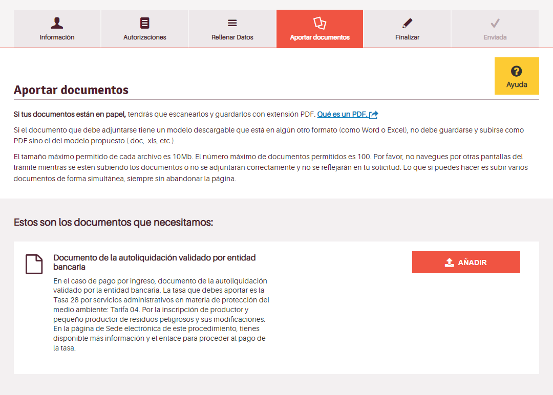 Pantalla aportar documentos Autoliquidación tasa efectivo o domiciliación bancaria