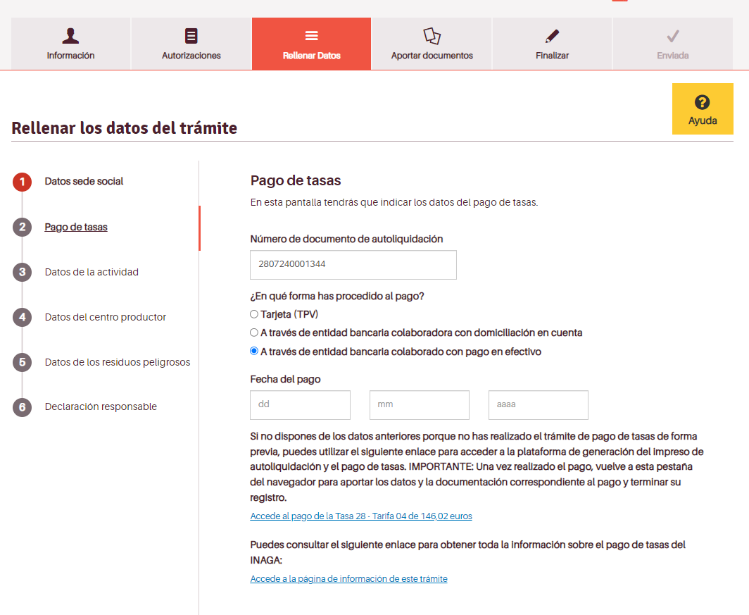 Casilla pago tasa ingreso efectivo TTO