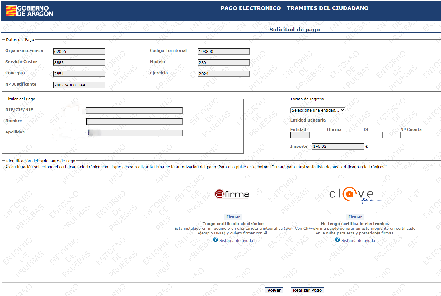Pantalla pago tasas por domiciliación bancaria TTO