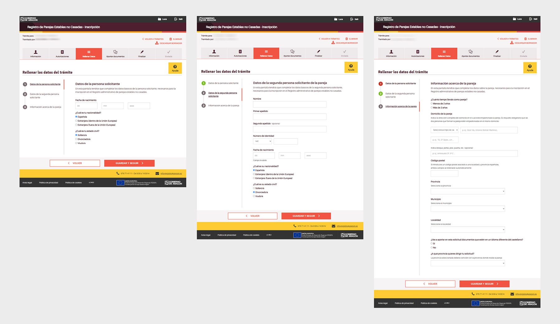 Prototipos del tramitador telemático que muestran tres pasos del proceso de inscripción en el registro de parejas estables no casadas